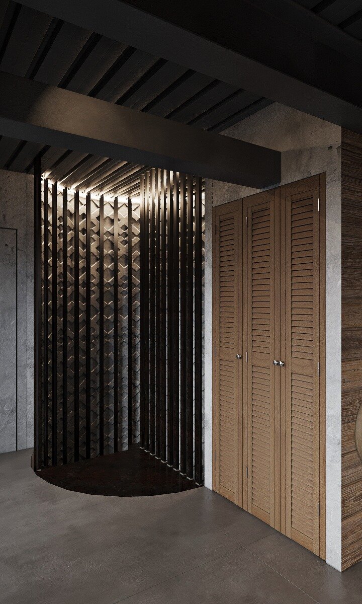 скрытая дверь с рейками, дизайн интерьера, интерьер, потолок в коридоре в стиле лофт, двери софья реечные перегородки (3*150)