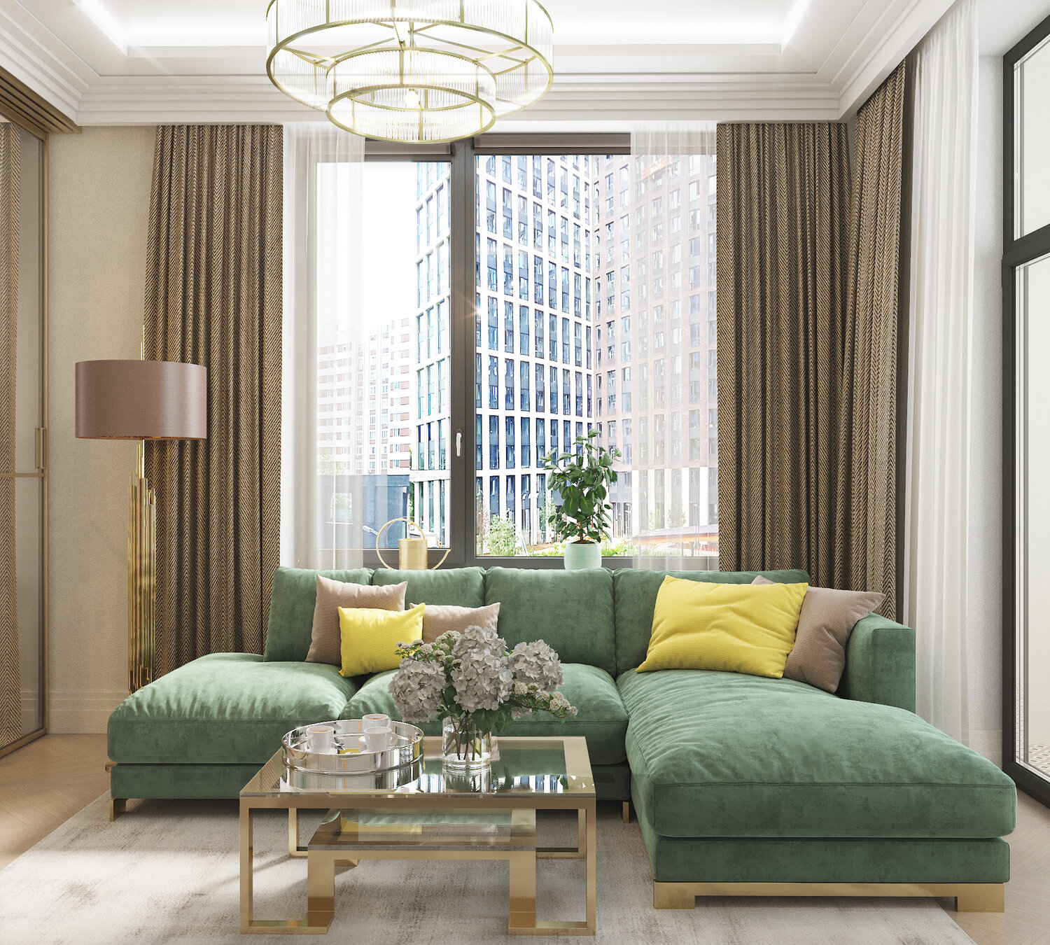 гостиная с зелеными шторами, гостиная неоклассика изумрудный, изумрудные шторы в интерьере гостиной, интерьер гостиной, гостиная интерьер