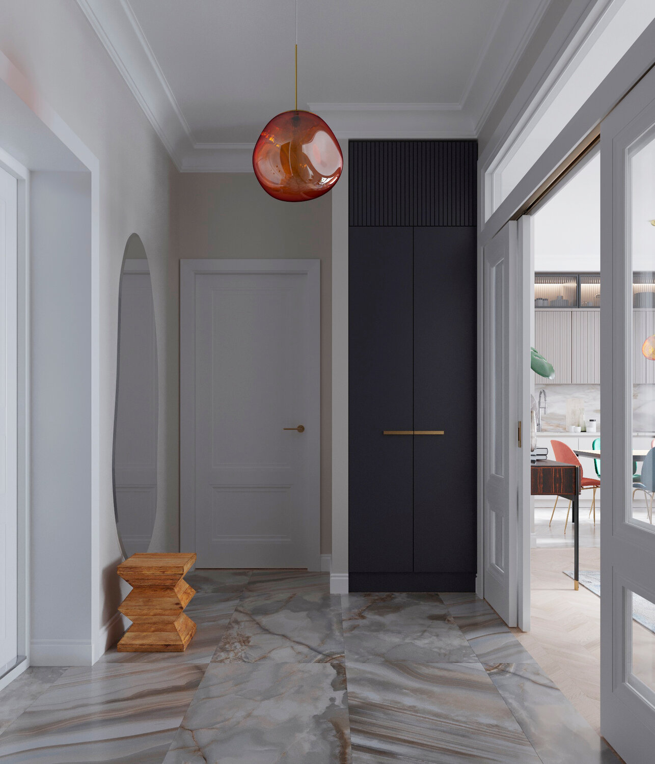 коридор дизайн интерьера, серые двери в интерьере, неоклассика прихожая, дизайн коридора, прихожая в стиле неоклассика