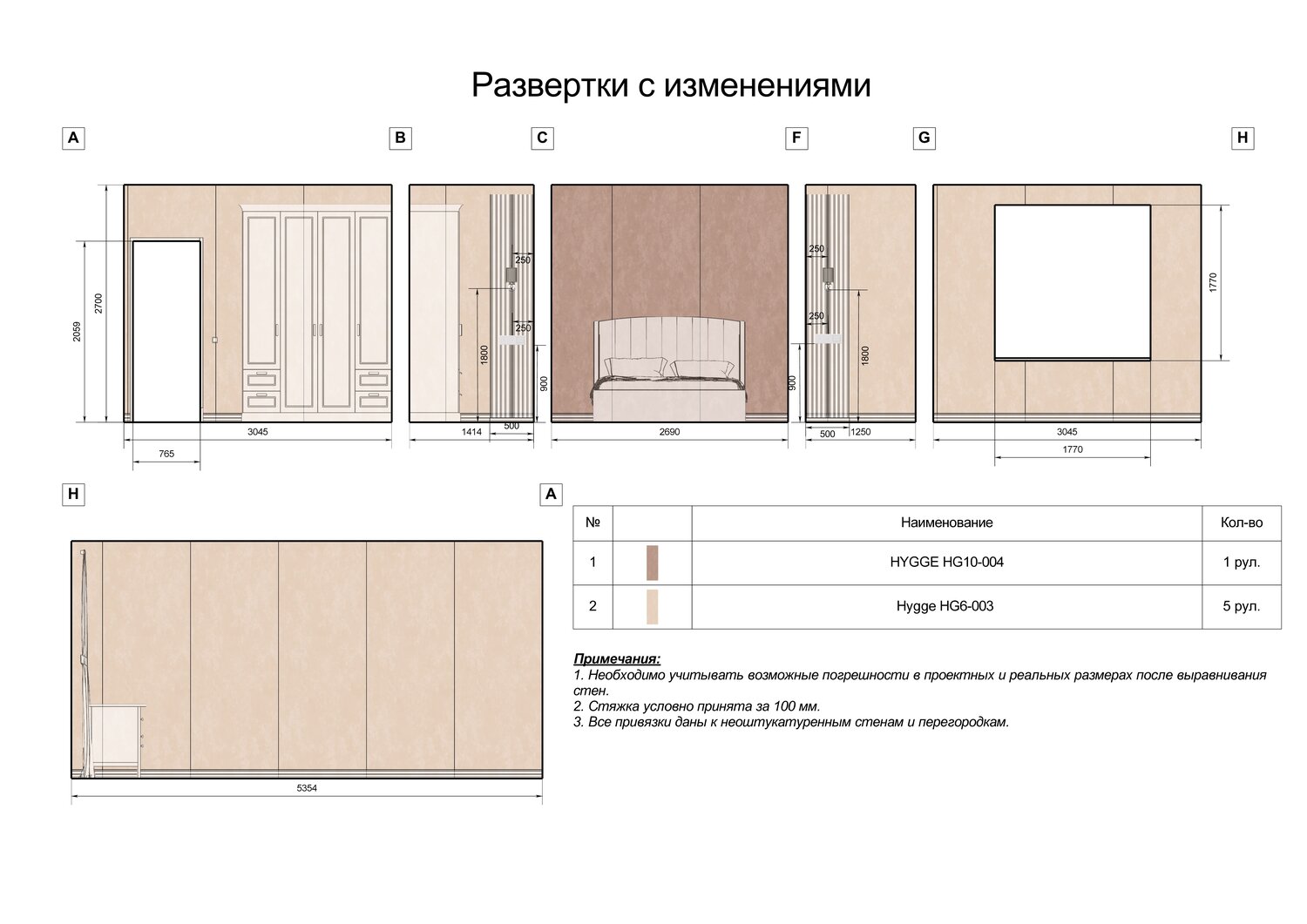 развертка стен спальни, развертка стен, развертка стен в дизайне, развёртка стен интерьера, развертка интерьера