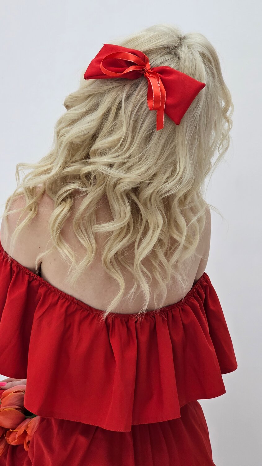 бант для волос, бантик для волос, платье off shoulder ruffle dress, мода, бант для волос на заколке