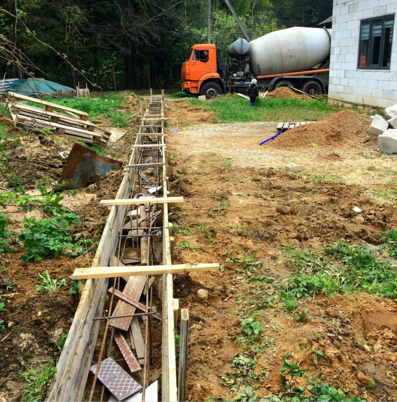 заливка фундамента, ленточный фундамент, фундамент, опалубка под фундамент, ленточный фундамент для бани