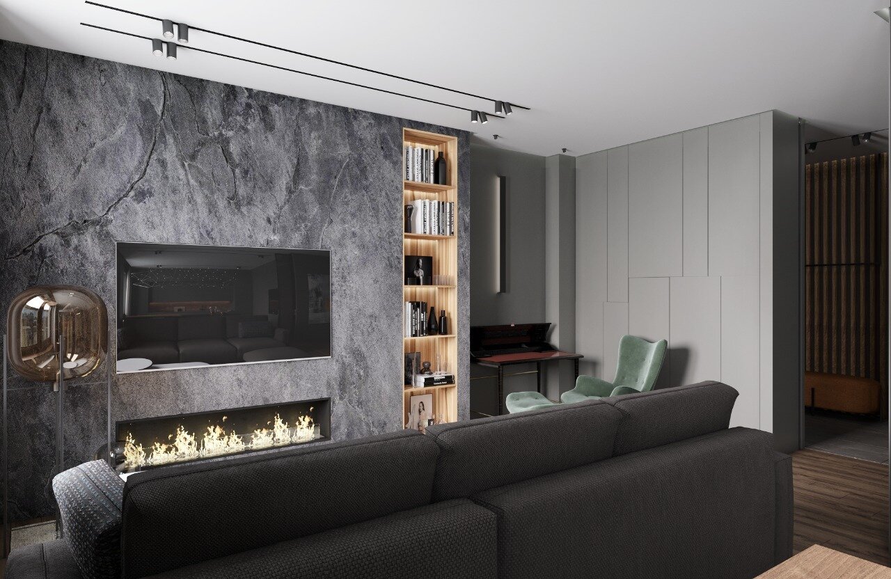 современный интерьер, дизайн интерьера, стена с камином в интерьере, биокамины ivengo, настенный камин в интерьере