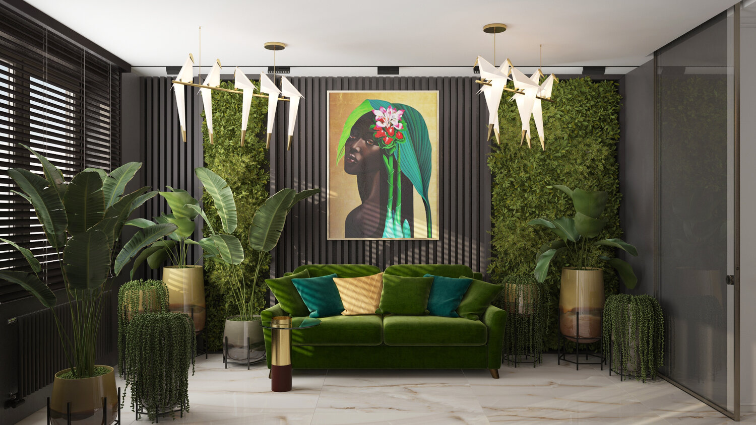 дизайн интерьера, интерьер, гостиная с зеленью, гостиная в зеленом стиле, оранжерея интерьер