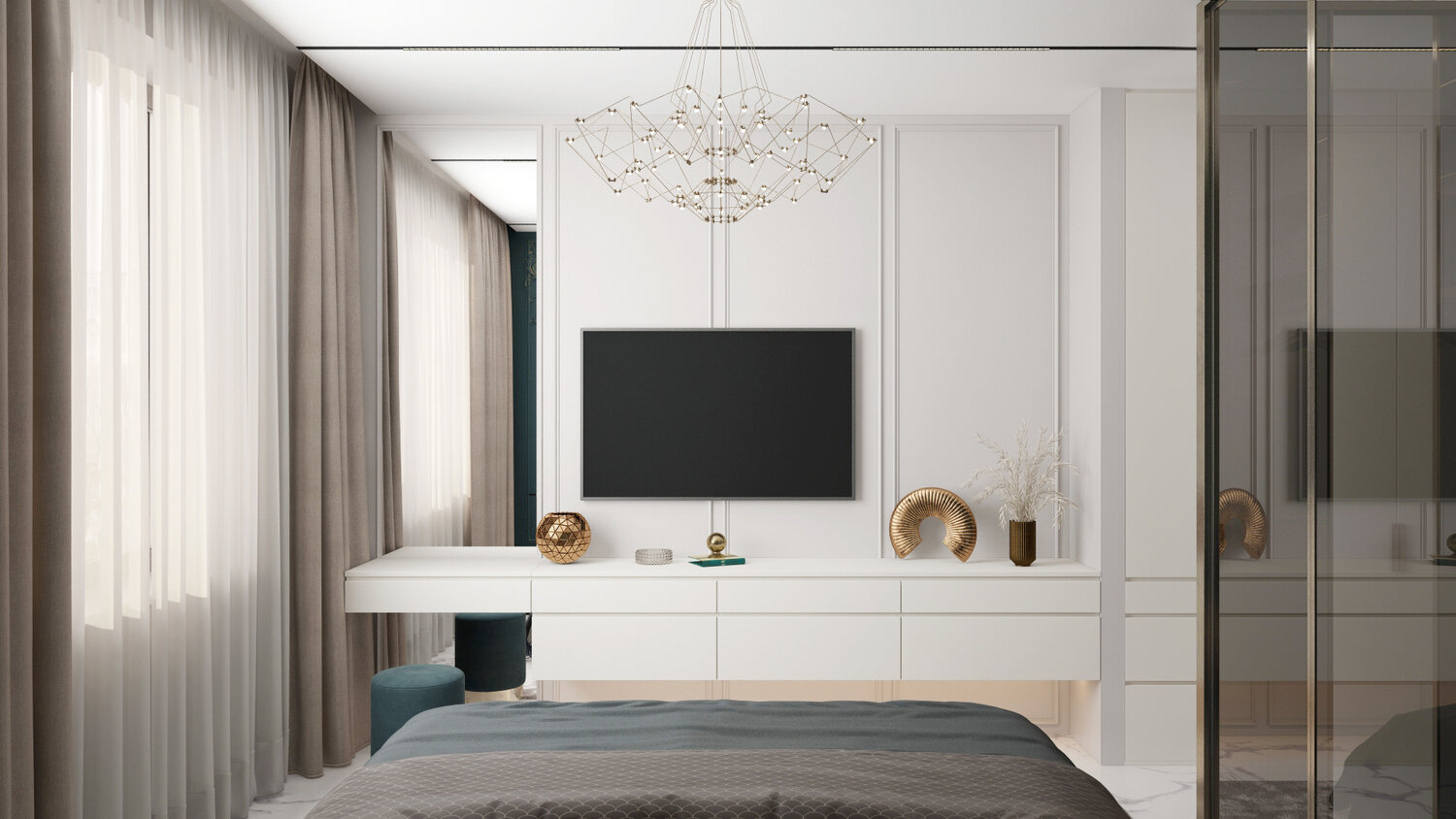 спальня неоклассика минимализм, спальня неоклассика 2019, дизайн интерьера, дизайн спальни, интерьер