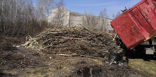 свалка веток, мусор, металлолом, техника, снос старого дома на дрова