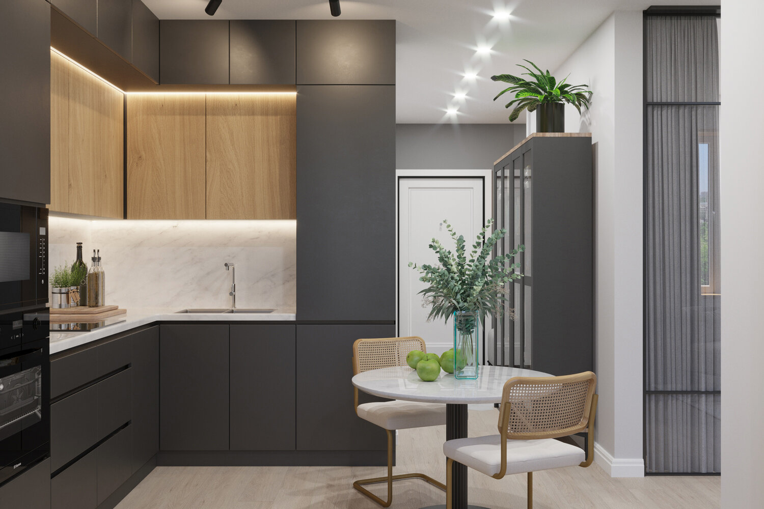 дизайн кухни, а+б дизайн интерьера кухня, современная маленькая кухня, интерьер кухни в квартире 9кв, темно серая кухня в современном стиле