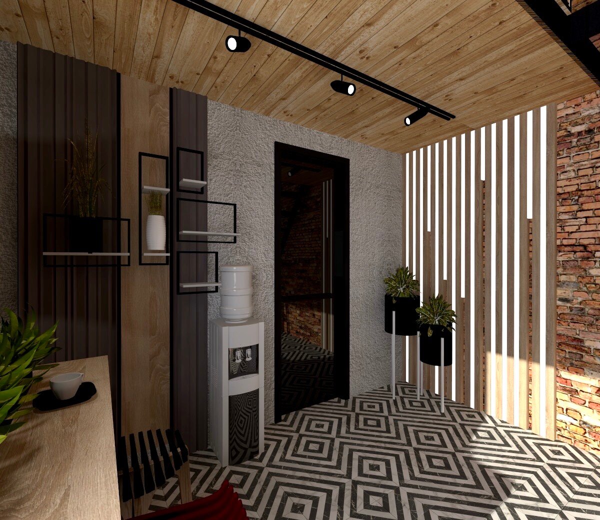 интерьер прихожей в стиле лофт, длинный коридор в стиле лофт, интерьер коридора с интерьерной рейкой, прихожая в стиле лофт, коридор в стиле лофт