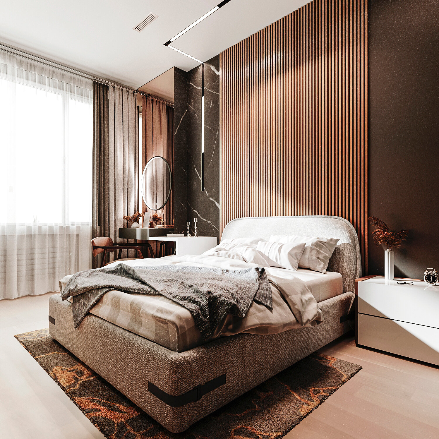 стильная спальня, дизайн спальни, шоколадная спальня в современном стиле, дизайн интерьера, спальня в стиле модерн