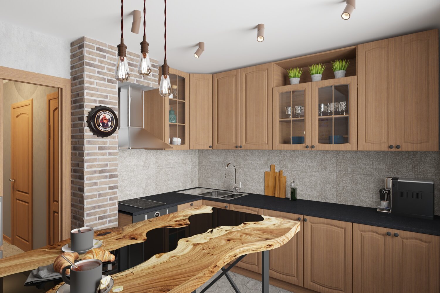 кухня, интерьер кухни, кухня лофт, современная кухня под дерево, кухня в стиле кантри