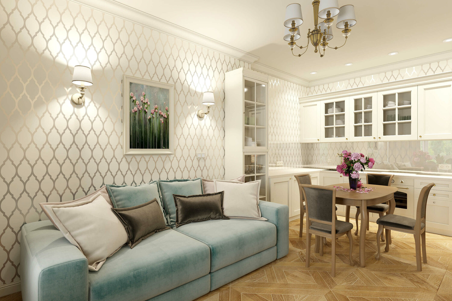 кухня гостиная неоклассика, гостиная в стиле неоклассика, интерьер в стиле неоклассика, гостиная неоклассика, интерьер кухни гостиной
