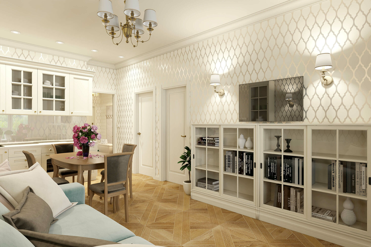 гостиная в стиле неоклассика, кухня гостиная белая неоклассика, кухня гостиная неоклассика, гостиная неоклассика, гостиная современная классика