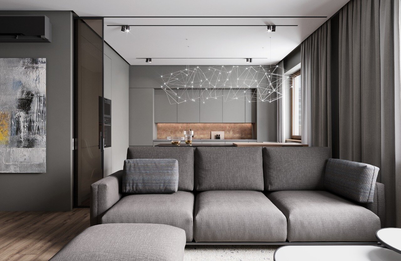 дизайн интерьера, дизайн квартир, интерьер, интерьер в серой гамме, кухня гостиная в серо коричневых тонах