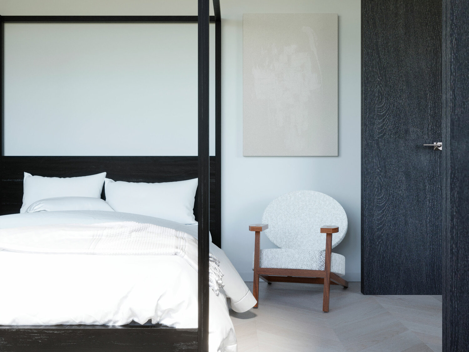 спальня идея, гостиница в стиле минимализм, бутик-отель, дизайн спальни, черное окно в интерьере спальни