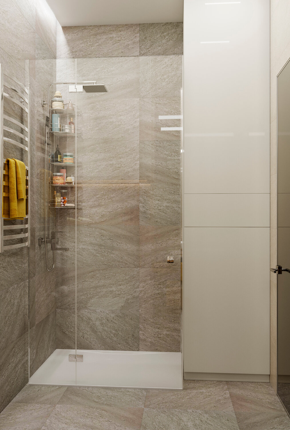 ванная комната, душевая в светлых тонах, интерьер санузла, ванная с душевой в бежевых тонах, интерьеры ванной