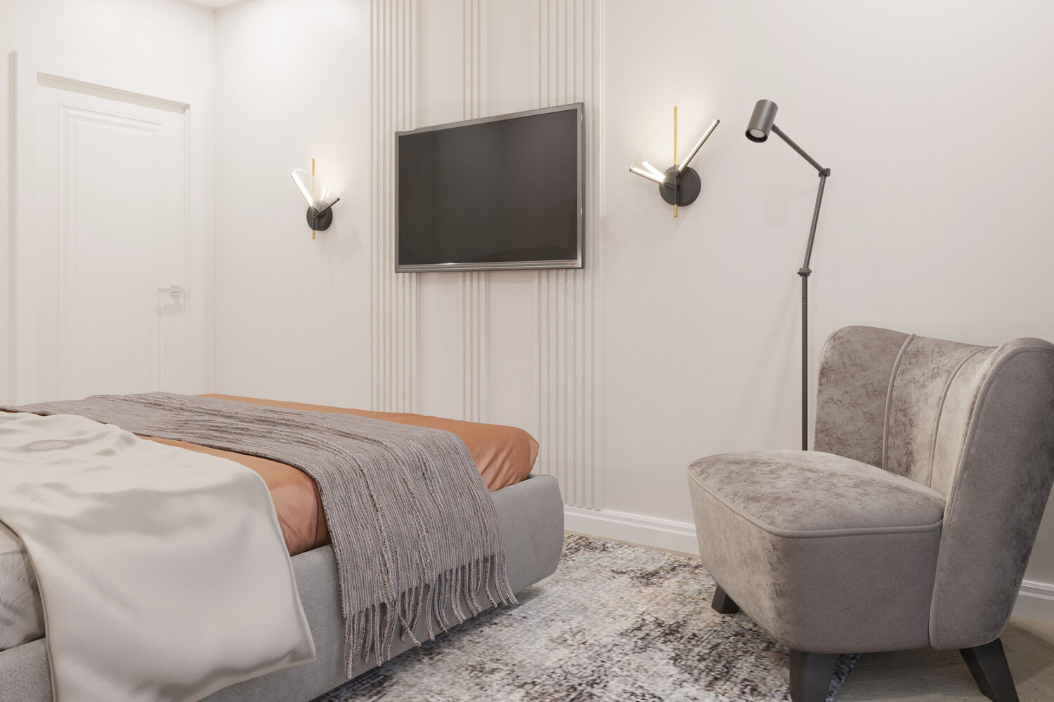 торшер в интерьере спальни, дизайн интерьера, спальня в скандинавском стиле мрамор, интерьер, дизайн спальни