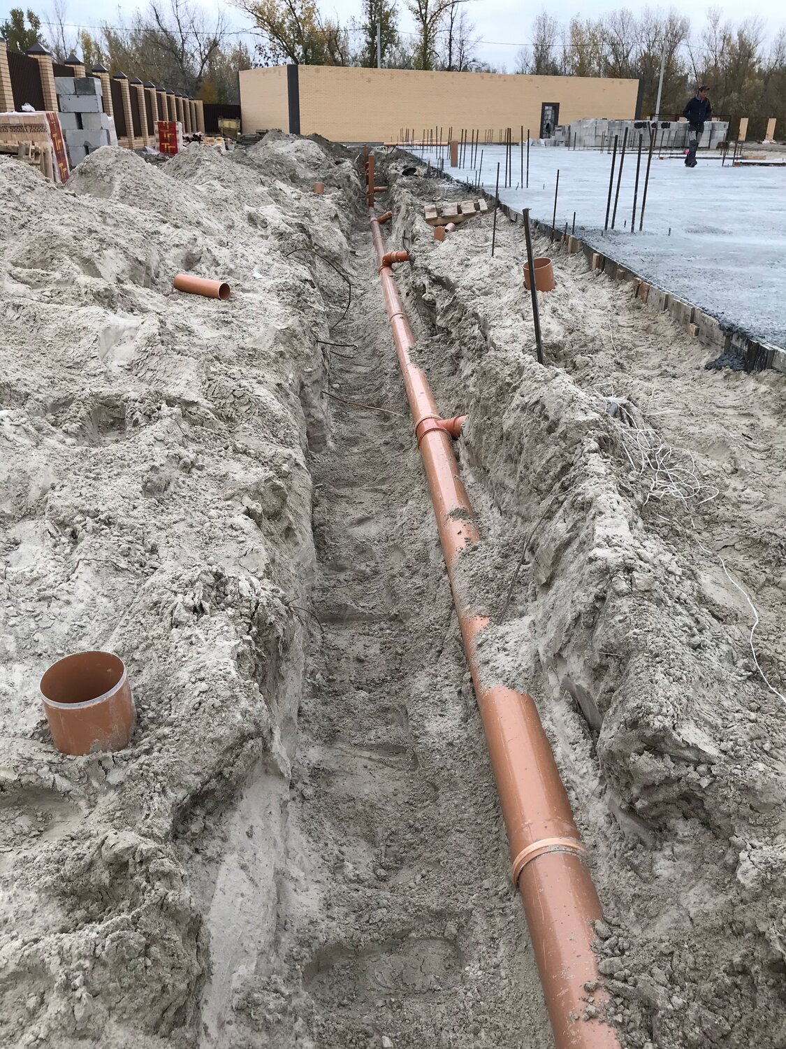 укладка трубы 110 в траншею водопровод, канализация, прокладка наружной канализации, прокладка канализации под плитой, траншея для ливневой канализации