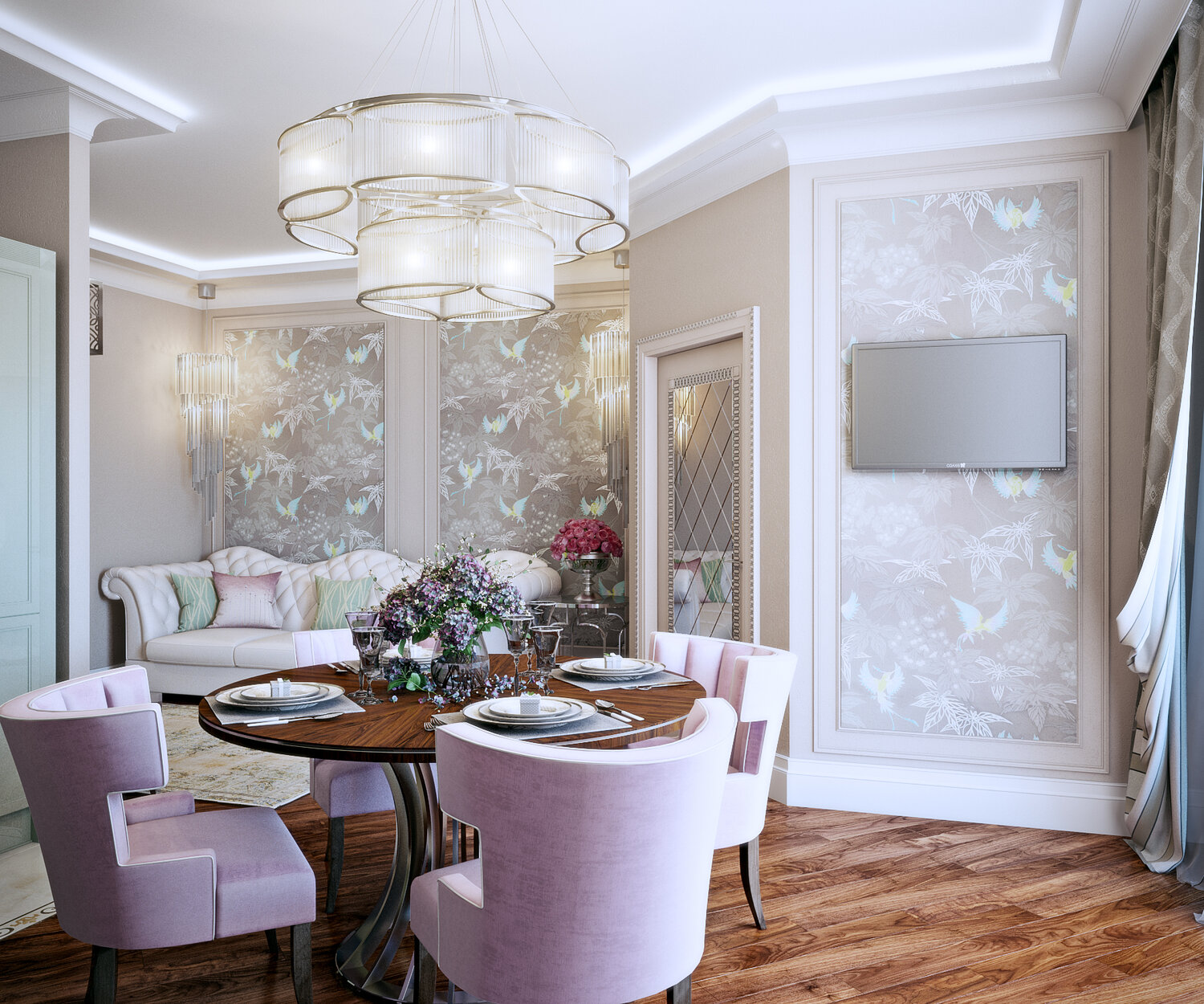 интерьер кухни столовой .com, дизайн интерьера, кухня гостиная в классическом стиле в светлых тонах, дизайн интерьера квартиры, стиль неоклассика