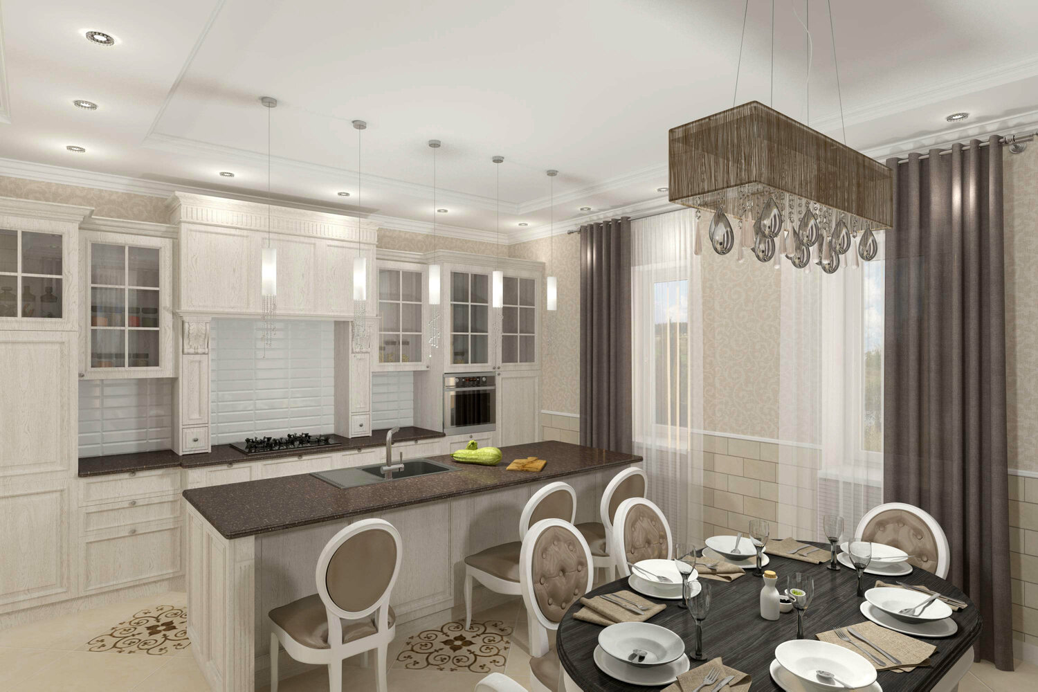 кухня столовая гостиная в стиле неоклассика, кухня в стиле неоклассика, американская неоклассика кухня в доме, интерьер кухни столовой, кухни мария неоклассика