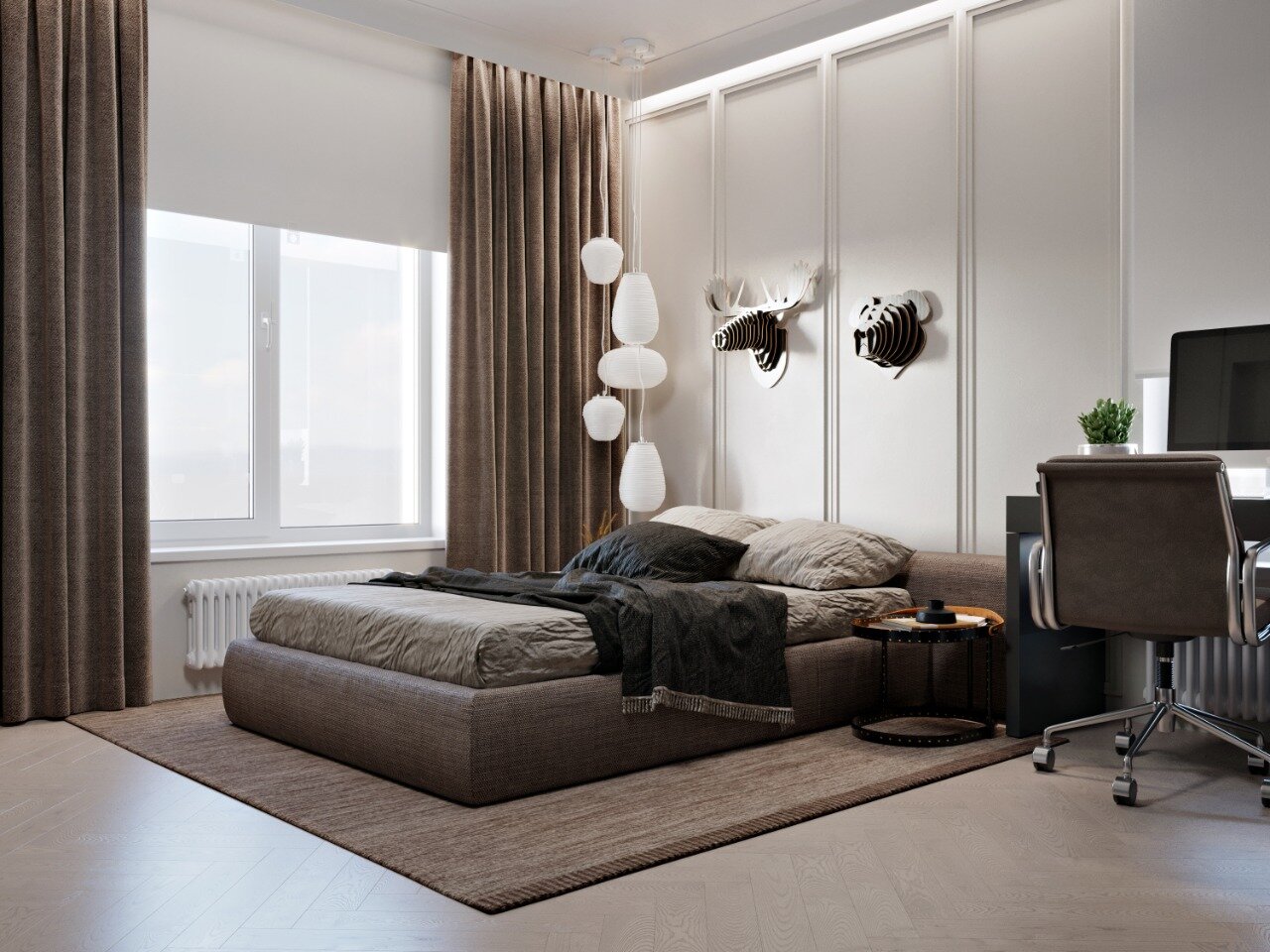 дизайн интерьера, интерьер, дизайн спальни, дизайн квартир, шторы в стиле минимализм в спальне