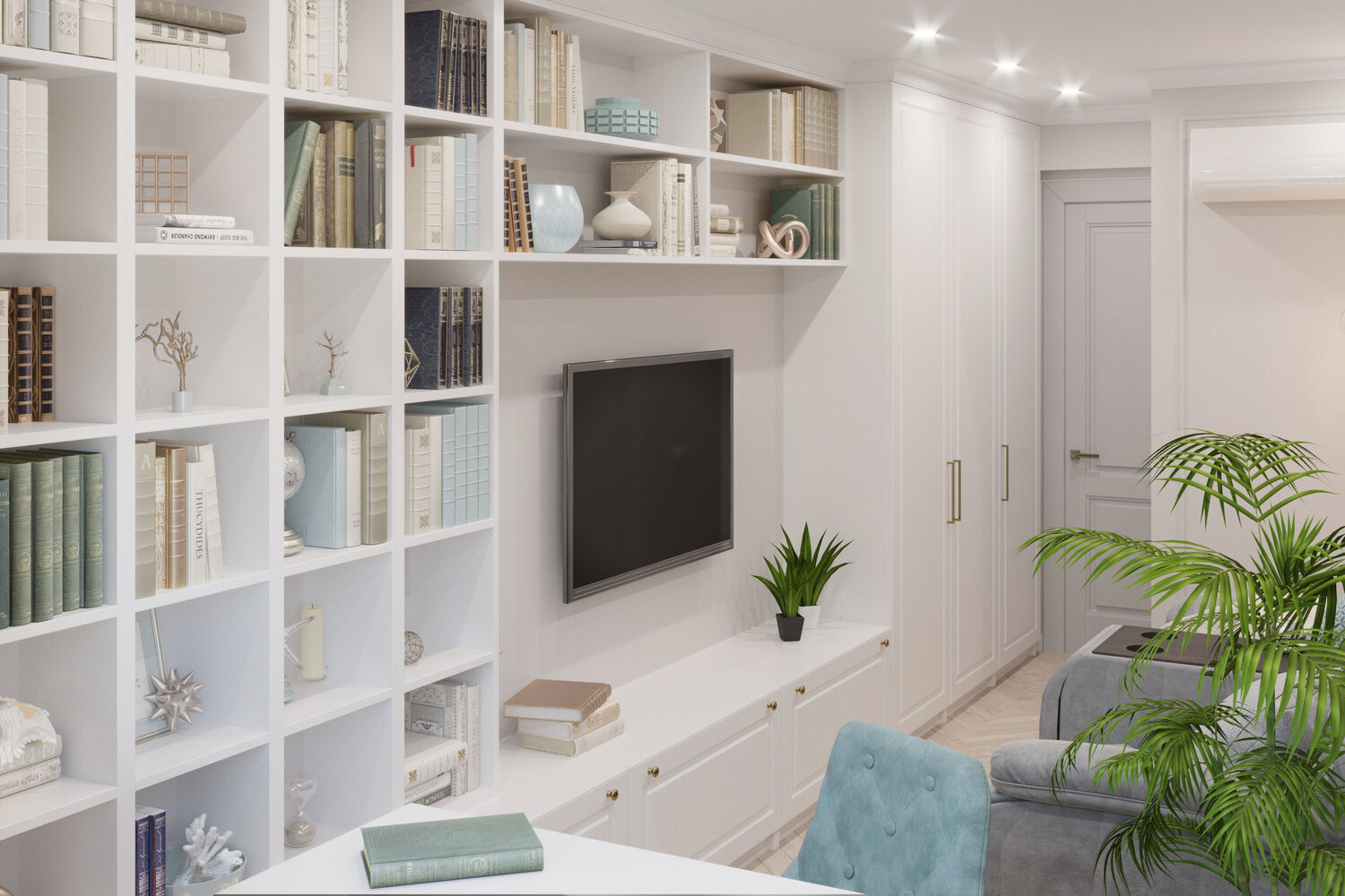 стеллаж вейв 2, полки встроенные белые в интерьере, декор стеллажа в гостиной, стеллаж перегородка с телевизором, декор для бежевого стеллажа