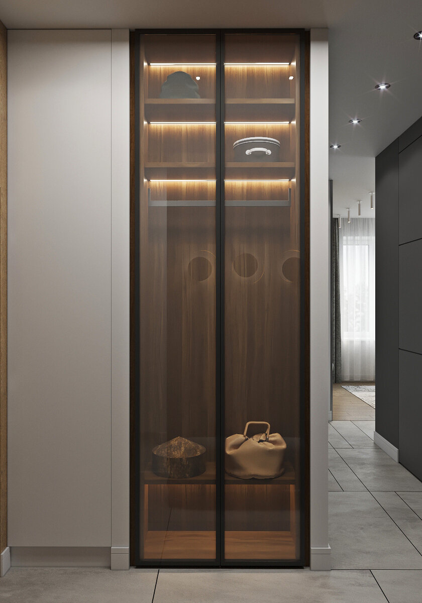 прозрачный шкаф в прихожую, шкаф, шкаф с прозрачными дверцами, дизайн интерьера, встроенный шкаф с подсветкой