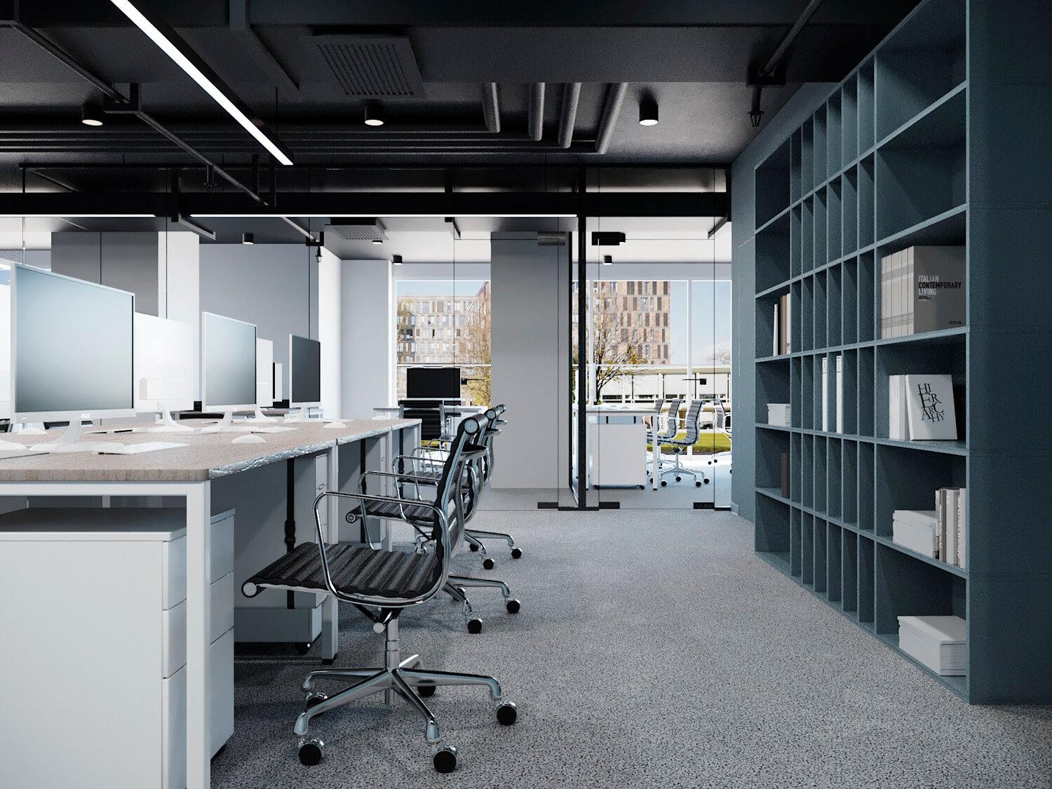 интерьер офиса, освещение офисного пространства, офис помещение, офис, офис с открытыми коммуникациями