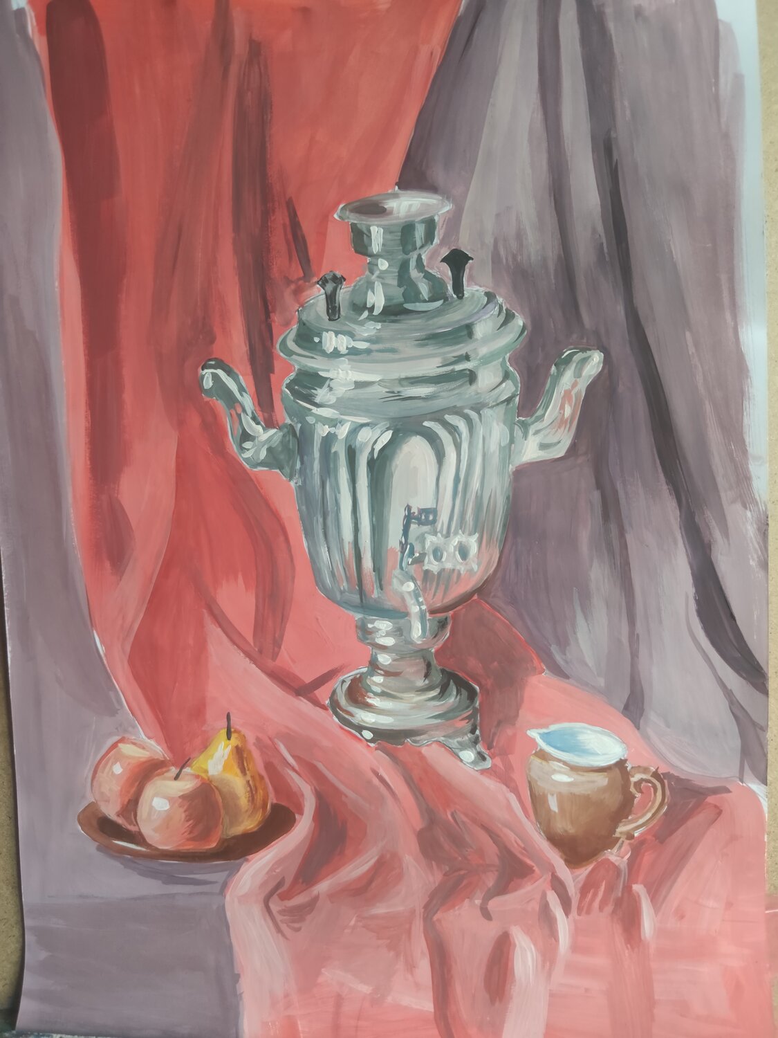 натюрморт самовар, живописный этюд самовара академическая живопись, декоративная живопись самовар, самовар картина, академическая живопись натюрморт