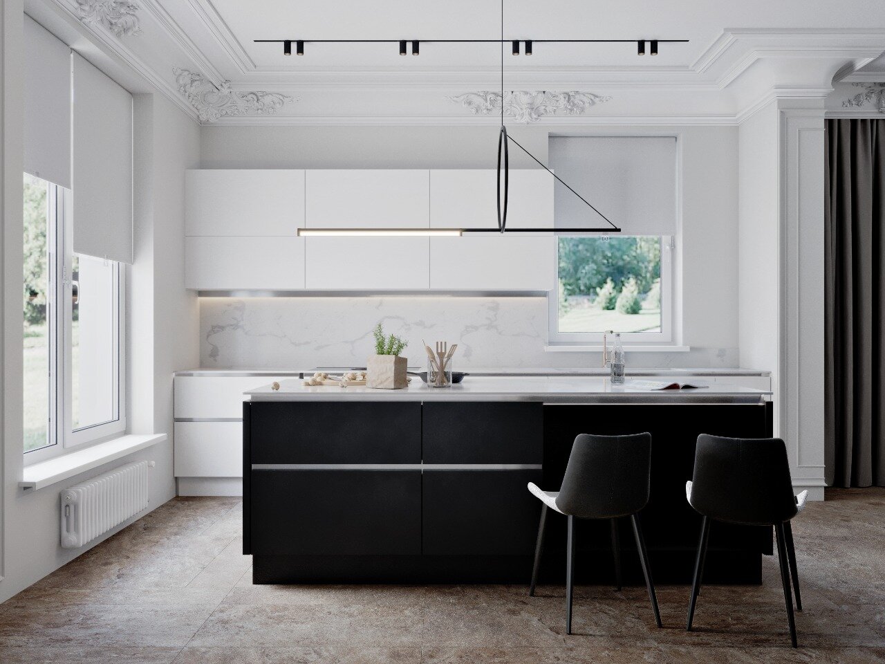 чёрно-белая кухня дизайн интерьер 2020, дизайн кухни, черно белая кухня в скандинавском стиле, дизайн интерьера, черно белый интерьер маленькой кухни