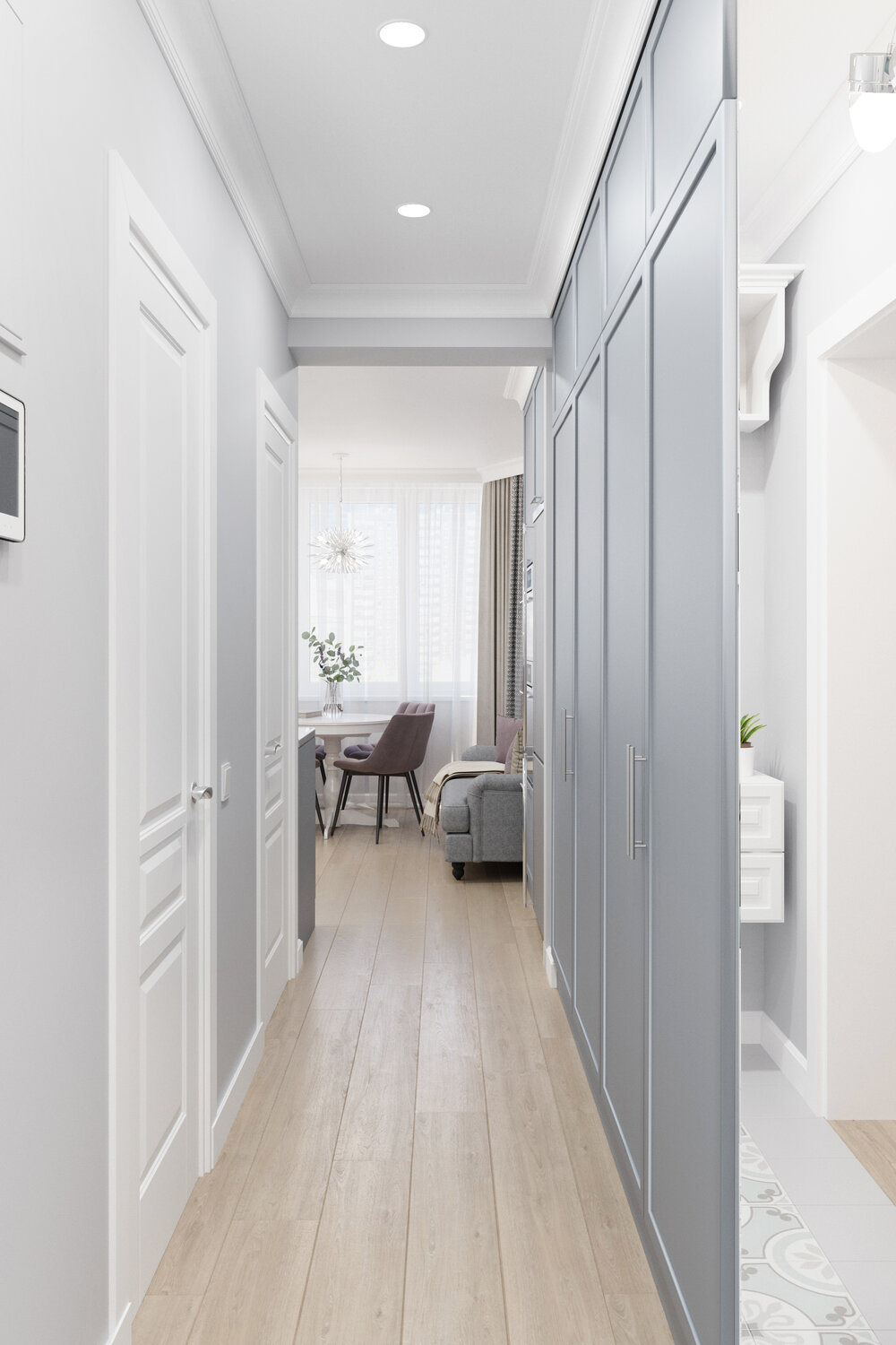 серый коридор дизайн, серый коридор, светло серый коридор, прихожая в скандинавском стиле, неоклассика коридор