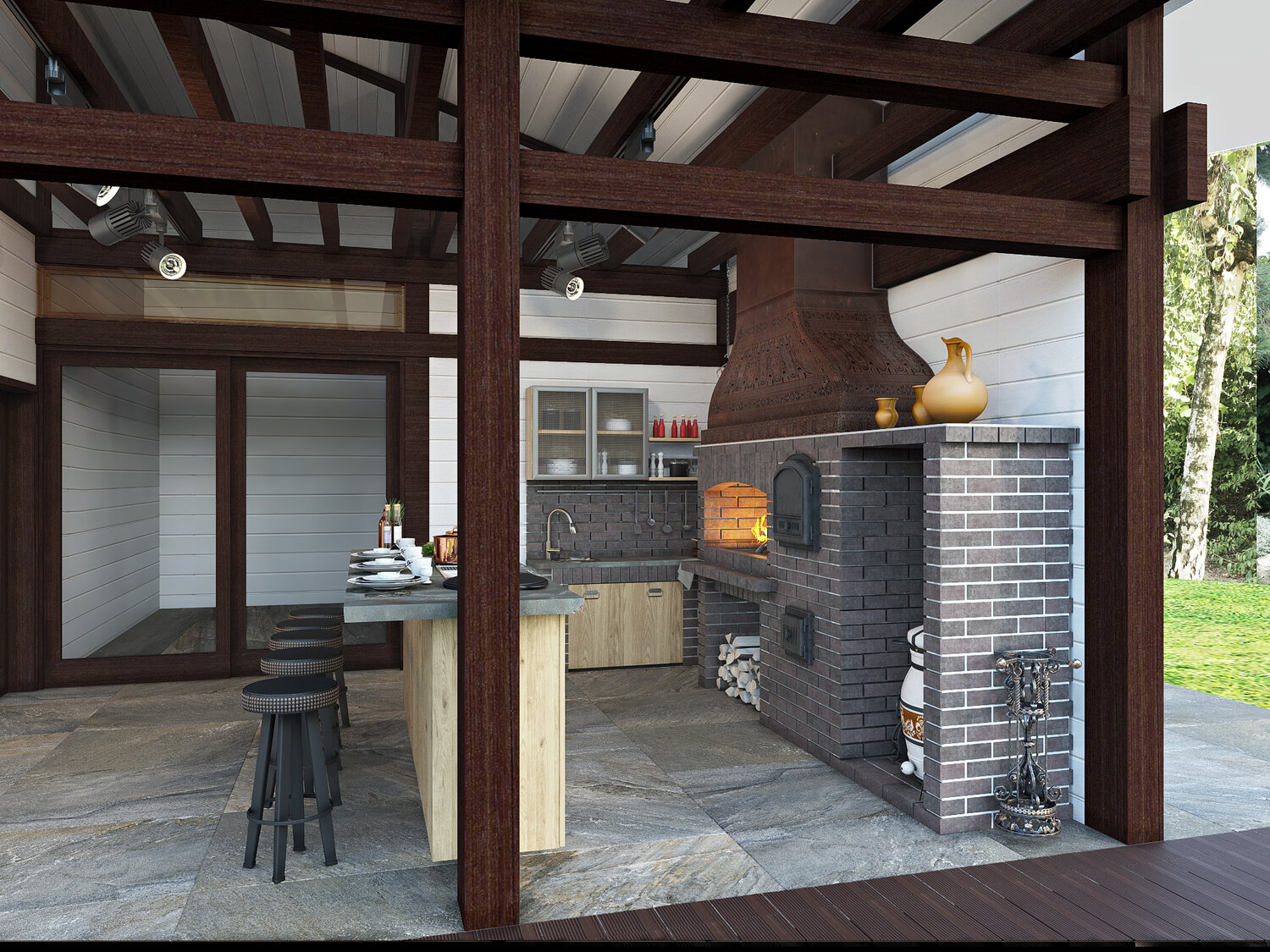 барбекю комплекс, отделка беседки мангальной, терраса с барбекю, веранда с барбекю, внутренняя отделка беседки с барбекю