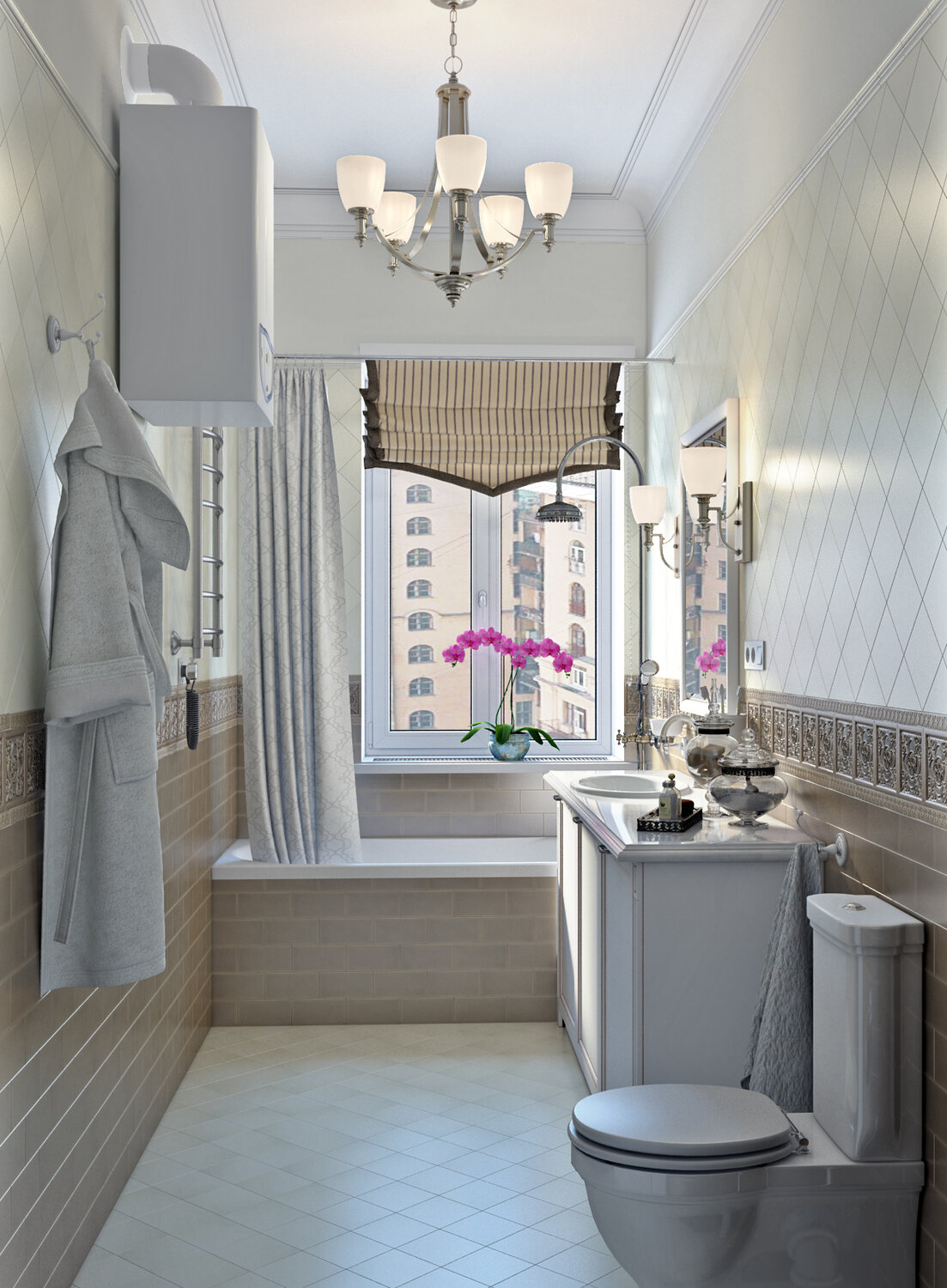 ванная комната, ванная комната в стиле, узкая ванная в классическом стиле, ванна в стиле неоклассика 3кв м, душевая в стиле неоклассика