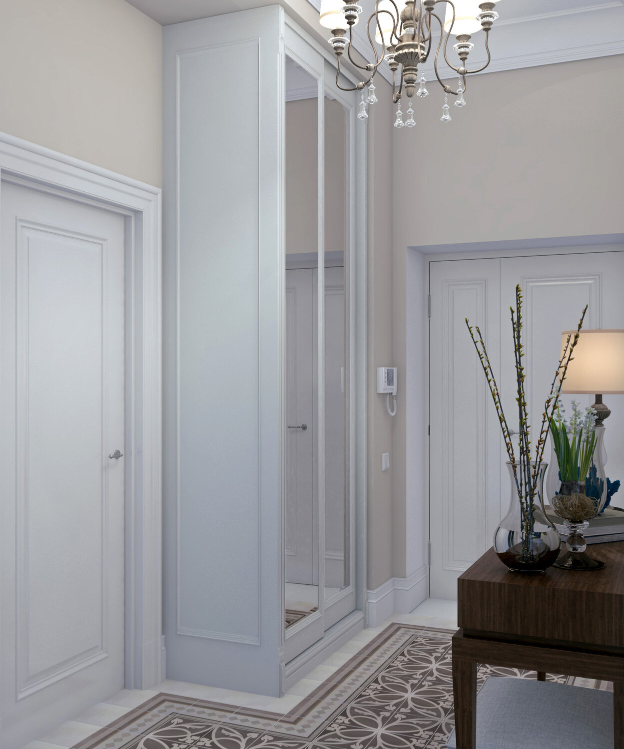 прихожая неоклассика 2031, прихожая в стиле современной классики, прихожая современная классика, прихожая в стиле современная классика, холл коридор неоклассика
