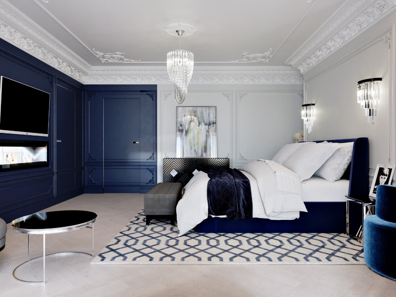 комната в стиле неоклассика, сине белая спальня в классическом стиле, сине белая спальня, дизайн интерьера, богатая спальня