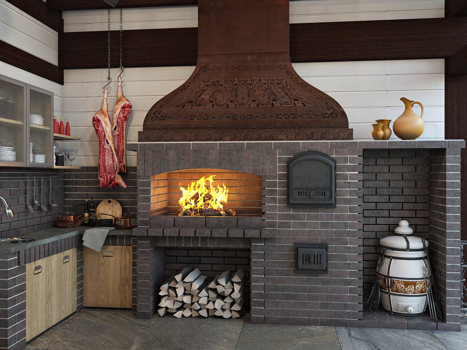 комплекс барбекю, барбекю мангал, камин барбекю, печные комплексы барбекю, отделка барбекю