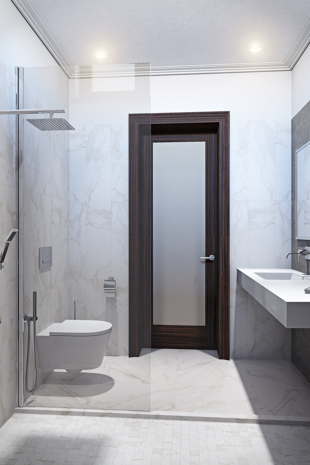 интерьер санузла, интерьер санузла в современном стиле, современный дизайн ванной, современный интерьер, двери современные