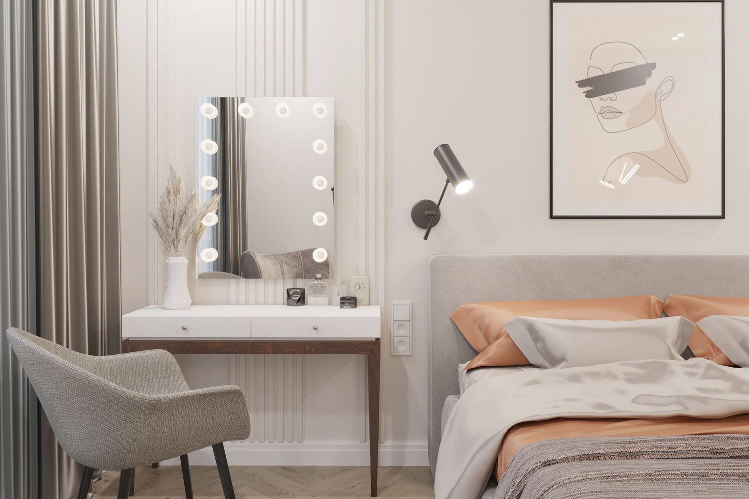 туалетный столик в спальню в стиле контемпорари, дизайн интерьера, спальня идея, туалетный столик мальм икеа, дизайн спальни