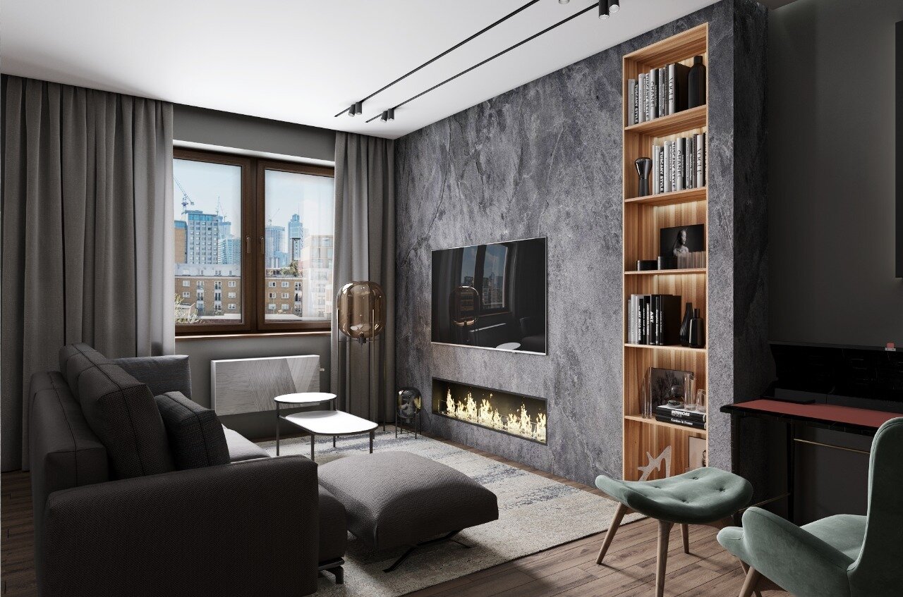 дизайн интерьера, темный интерьер гостиной, интерьер, строгая гостиная в интерьере, квартира