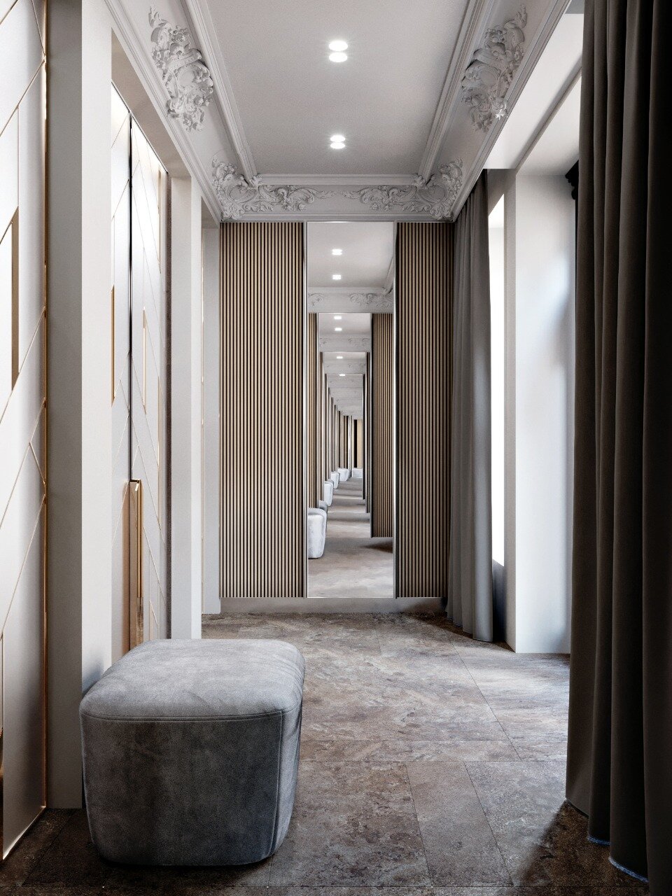 интерьер гостиничного коридора, белые коридоры, коридор, интерьер, дизайн интерьера