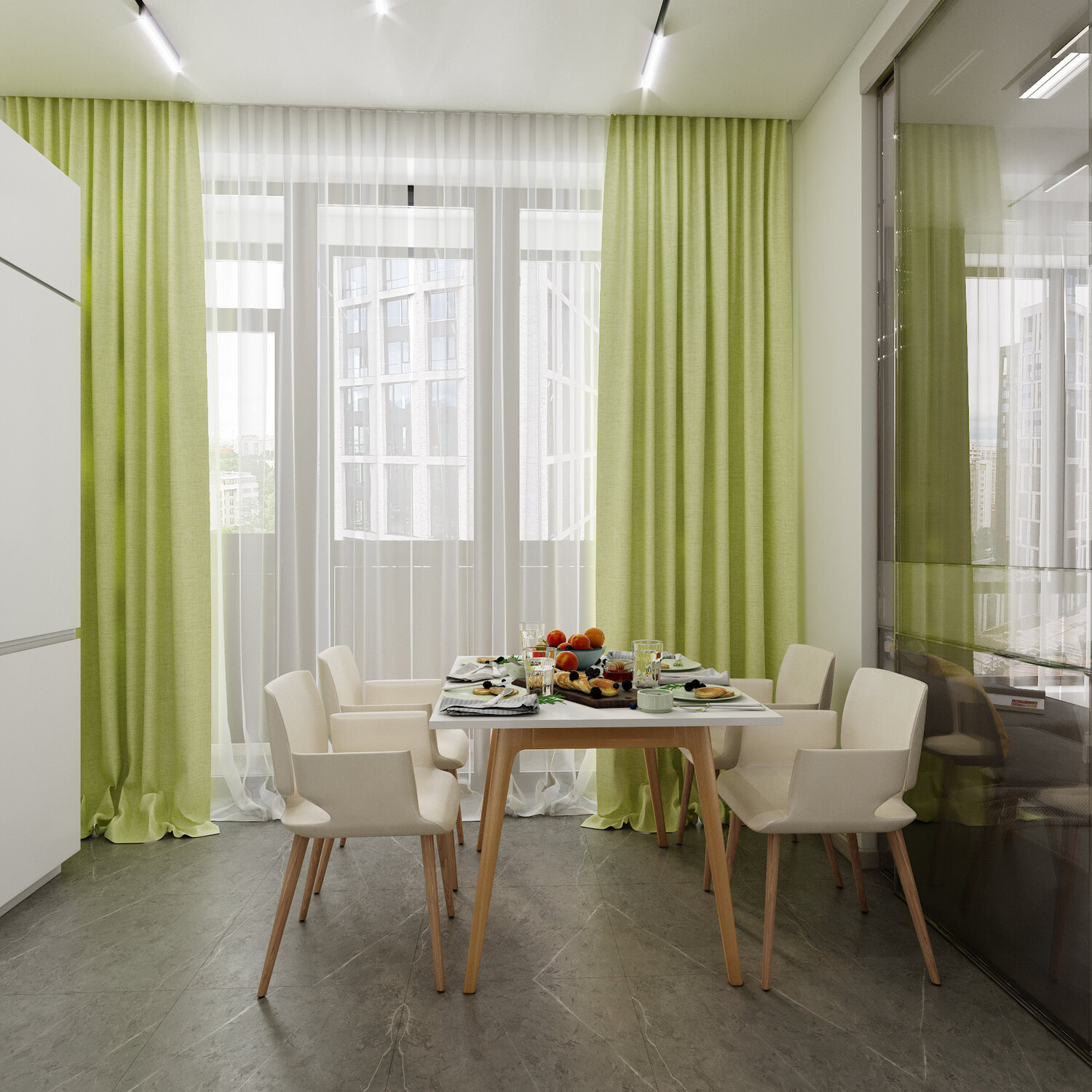 зелёные шторы в интерьере кухни, шторы в интерьере кухни, кухня с зелеными акцентами, интерьер кухни 11м2 с выходом на балкон, шторы на кухне современный дизайн