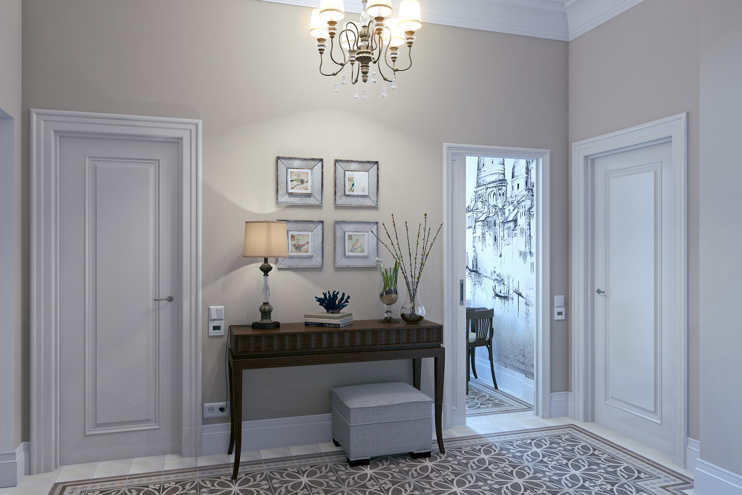 белые двери в интерьере, бра в прихожей неоклассика, светлые двери в интерьере, белые двери и плинтуса в интерьере, серые двери в интерьере