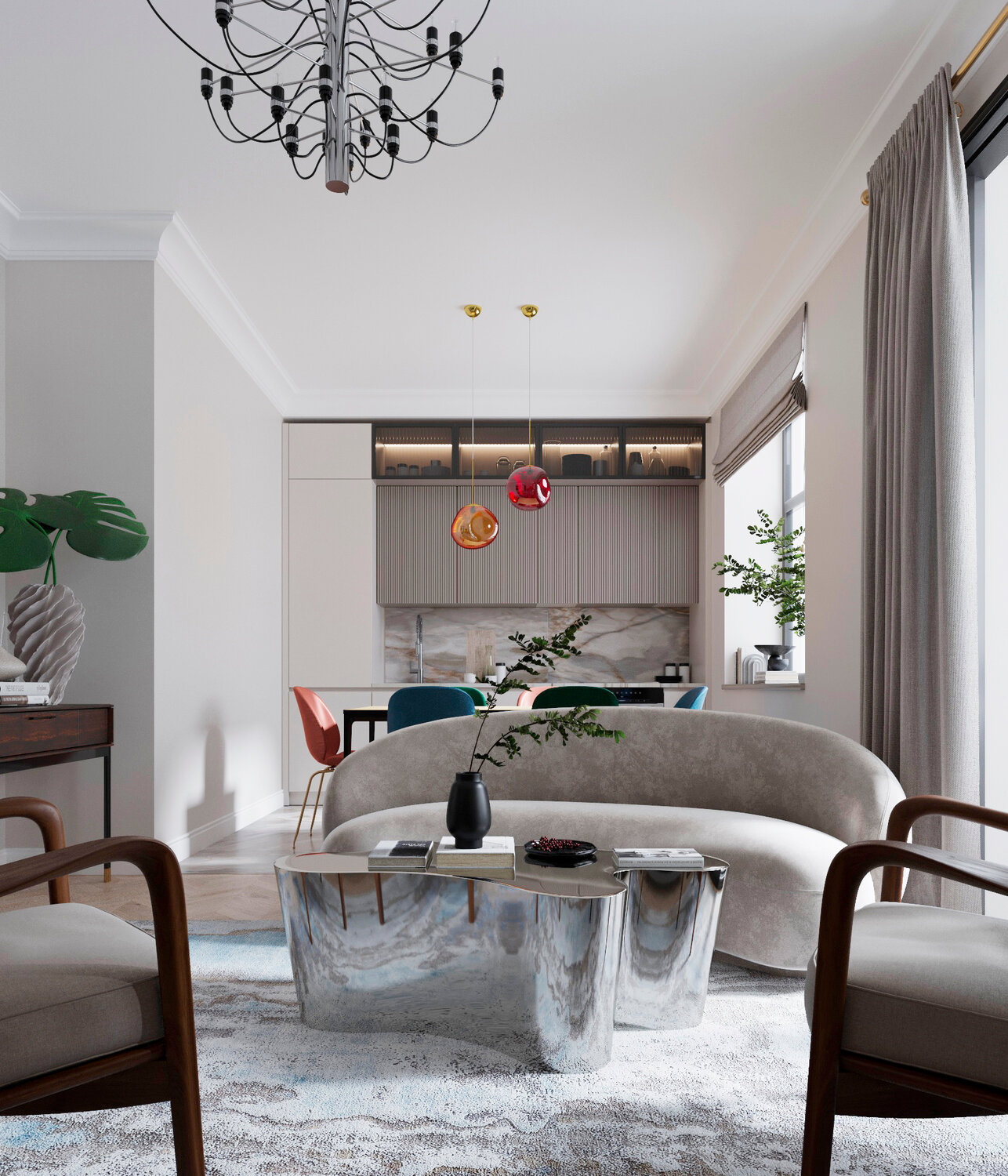 дизайн интерьера, современный стиль интерьера, стили интерьера, интерьер гостиной столовой, интерьер красивый