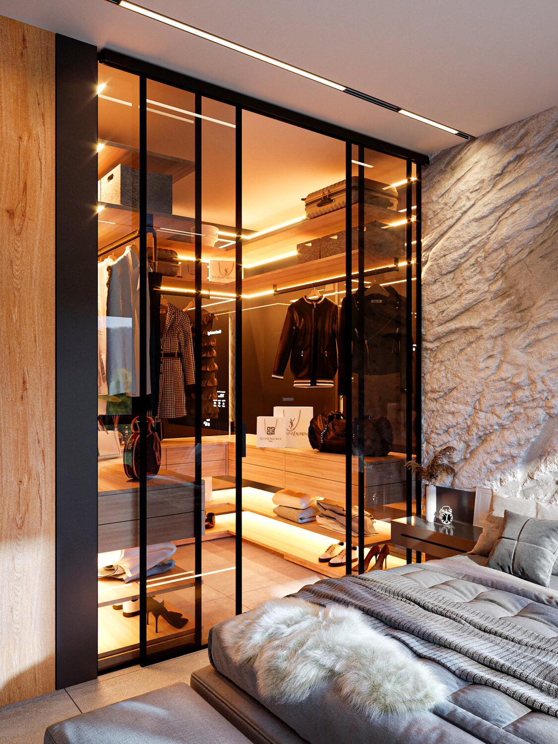 гардеробные в современном стиле, гардеробная в спальне, функциональная гардеробная, стеклянная гардеробная, гардеробная комната