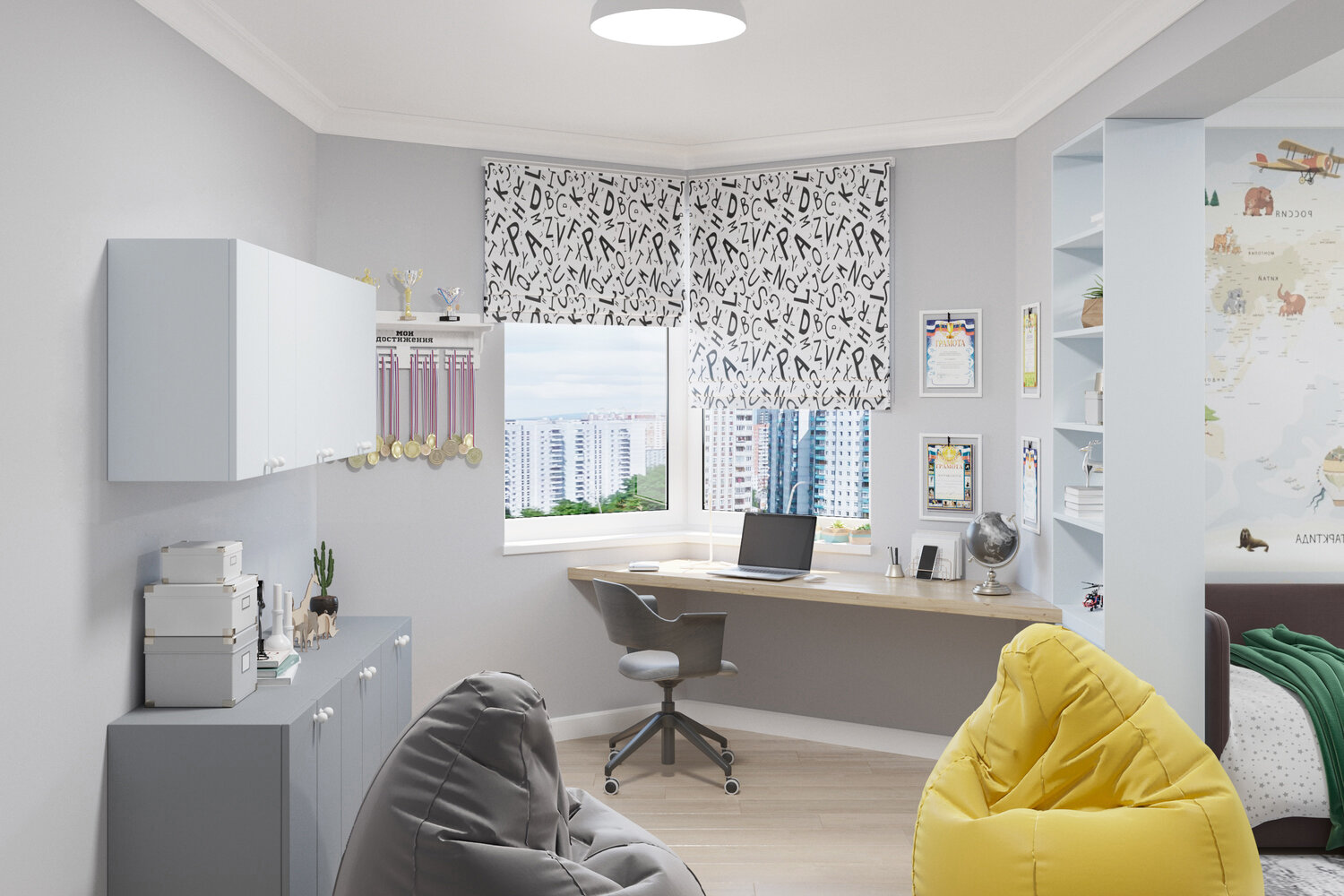 жалюзи в скандинавском стиле, комната школьника в скандинавском стиле, интерьер детской, дизайн комнаты подростка, стол у окна в детской