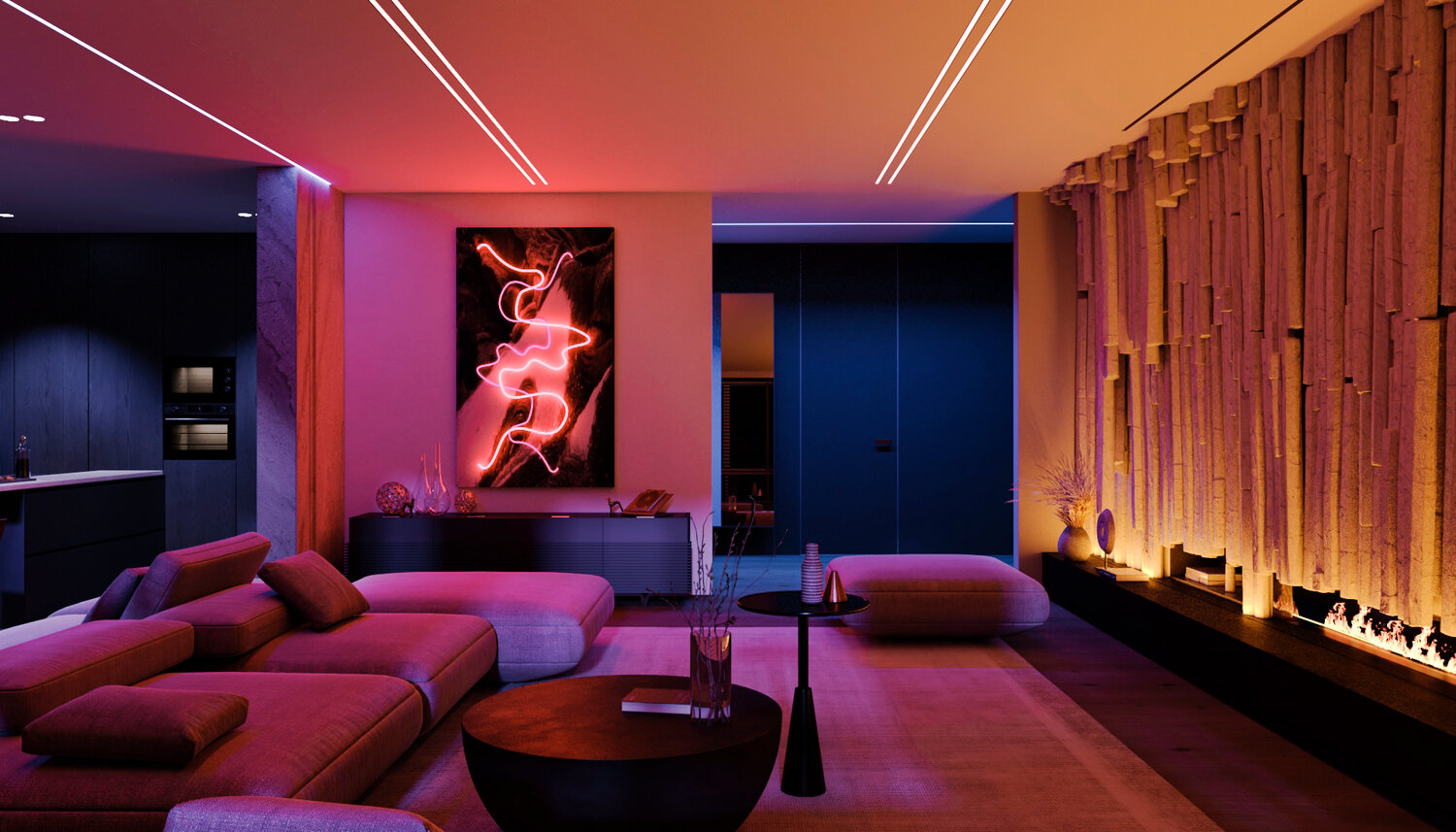 неон в интерьере квартиры, интерьер ночного бара, дизайн освещения, дизайн интерьера, интерьер
