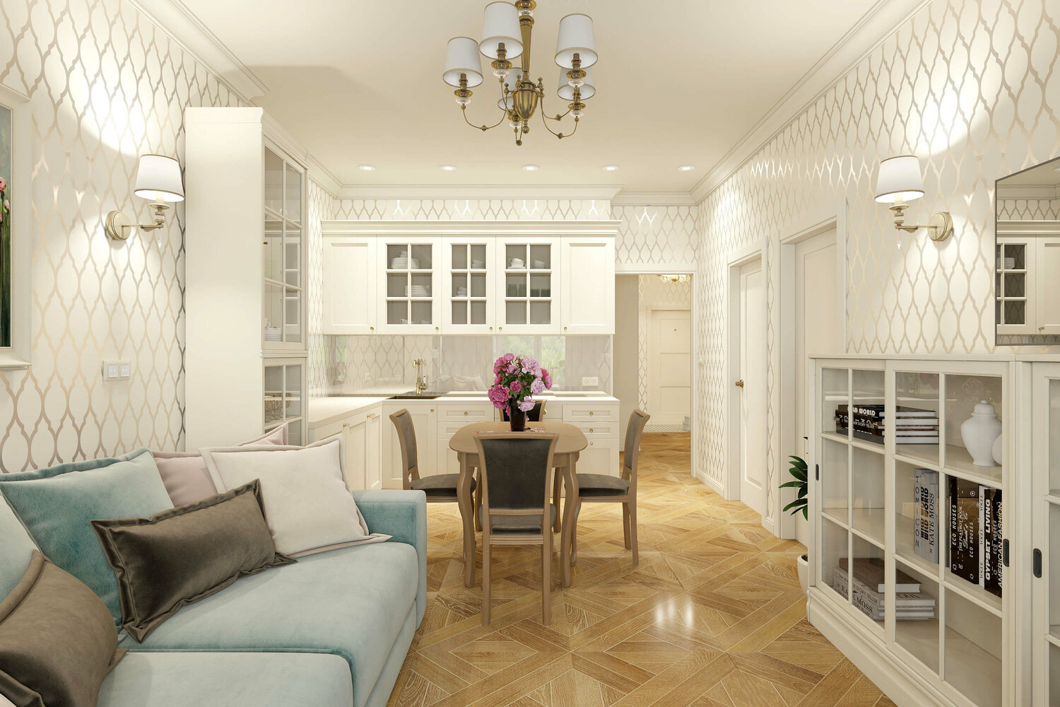 гостиная в стиле неоклассика, кухня гостиная неоклассика, гостиная неоклассика, светлая гостиная в классическом стиле, кухня гостиная столовая