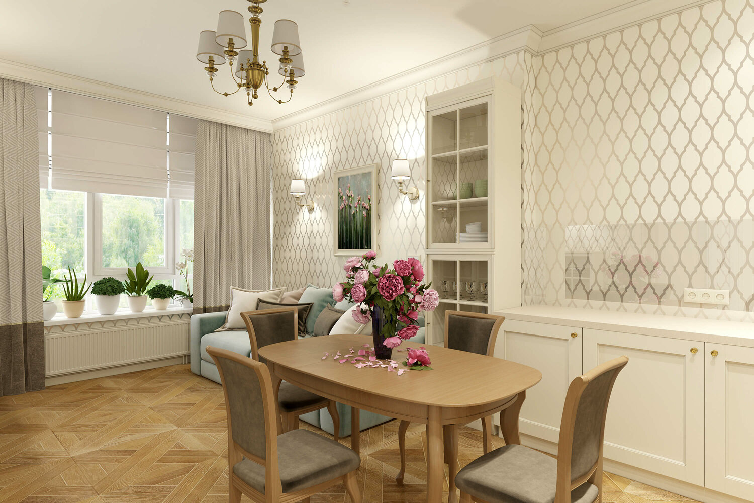 интерьер в стиле неоклассика, кухня гостиная в светлых тонах, неоклассика кухня гостиная, столовая зона в стиле неоклассика интерьер, интерьер кухни гостиной