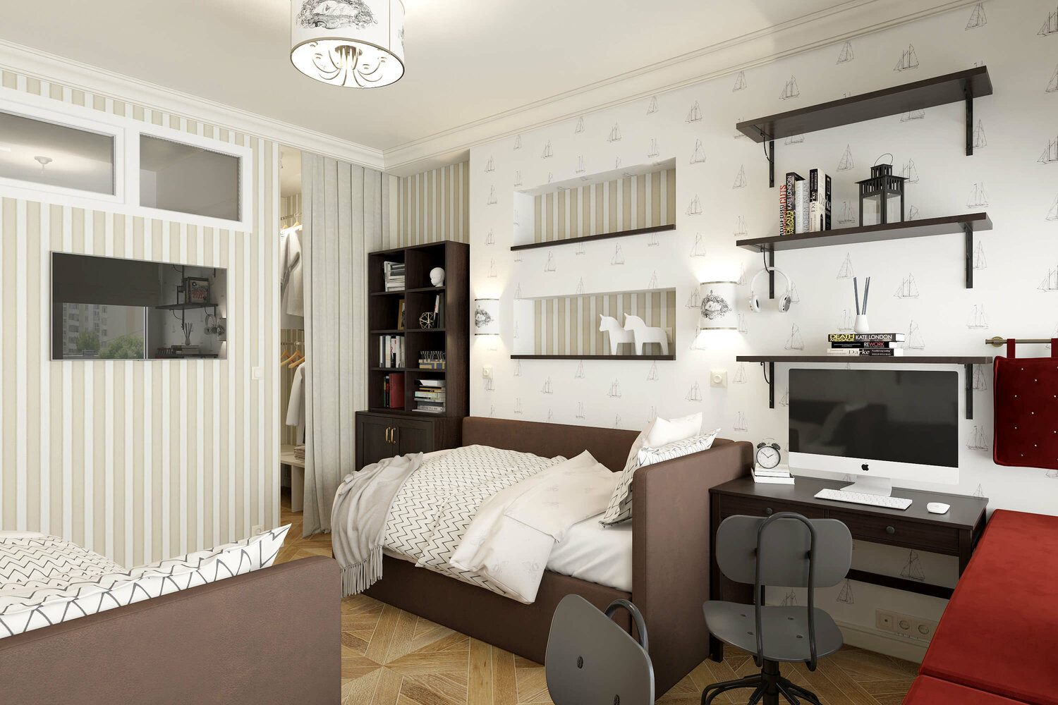 интерьер комнаты, зонирование комнаты, дизайн интерьера, спальня гостиная, дизайн студии квартиры