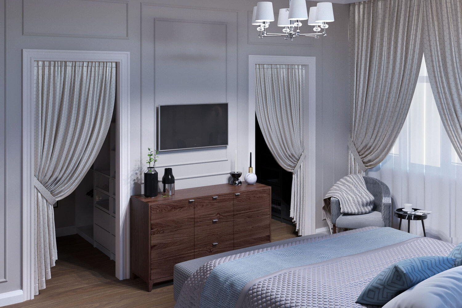 шторы в стиле неоклассика, серые шторы в интерьере, дизайн штор, стильные модные шторы в комнату, стильные шторы