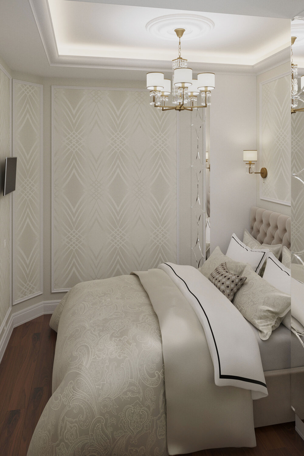 дизайн спальни, дизайн интерьера, спальня в светлых тонах, интерьер 3 комнатной квартиры в едином стиле и цвете, спальня неоклассика 15 кв м
